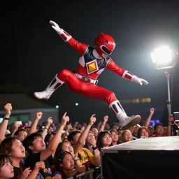 photo still of putties from power rangers at the vans warped tour!!!!!!!! at age 3 6 years old 3 6 years of age!!!!!!!! stage diving into the crowd, 8 k, 8 5 mm f 1. 8, studio lighting, rim light, right side key light