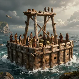 an intricate concept art of noah building an ark, cinematic lighting, highly detailed, hyper realistic