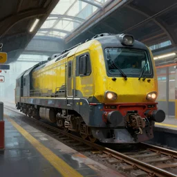 cyberpunk locomotive on railway cyberpunk railway station digital render. digital painting. beeple. noah bradley. cyril roland. ross tran. trending on artstation.