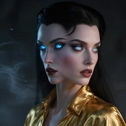 liliana vess as a vampire sorceress, perfect face viewed in profile, bright glowing blue and silver eyes, gold shirt, cinematic, floating ash, stunning, highly detailed, artstation, smooth, hard focus, concept art, art by artgerm and greg rutkowski and alphonse mucha, volumetric lighting, octane render, 4 k resolution, trending on artstation, masterpiece