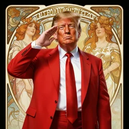donald trump as a communist, saluting, red suit, art by artgerm, greg rutkowski, alphonse mucha, studio portrait, highly detailed, digital art, elegant, intricate, concept art, trending on artstation