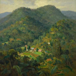 the luscious forests of vietnam with little villages sprinked in them, in the style of hudson river school of art, oil on canvas