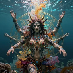 a centered render of a harem alluring festival hippies with tribal tattoos surrounded by a underwater ink pour and flowing liquid galium and sacred geometry, perfect body face and hands, powerful, cinematic, beautifully lit, by artgerm, by karol bak, by donato giancola, 3 d, trending on artstation, octane render, 8 k