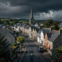 the the irish town of dungannon 4 k, concept art, by wlop, ilya kuvshinov, artgerm, krenz cushart, greg rutkowski, pixiv. cinematic dramatic atmosphere, sharp focus, volumetric lighting, cinematic lighting, studio quality