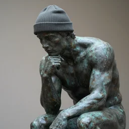 the thinker sculpture wearing a beanie cap