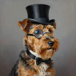 beautiful painting of an Irish terrier wearing a monocle and a top hat, acrylic Victorian painting, majestic