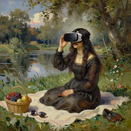 MonaLisa with a moustache using VR glasses to watch Netflix while picnicking by a pond, oil on canvas, Rokoko