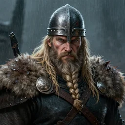 ragnar lothbrook, a viking with long blonde hair and braided beard, helmet, fur shoulder pads, scarred, wet, raining, close up, rim lighting, portrait, sinister atmospheric lighting. highly detailed painting by greg rutkowski, anime style