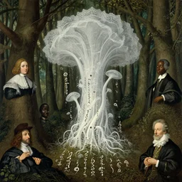 illustration of forest, by anthony van dyck, artstation, by aubrey beardsley, by ben enwonwu, by caspar david friedrich, by hieronymus bosch, by ivan shishkin, calligraphy, divine, paradox, array, translucent, lace, mycelium, as symbol of a soul journey