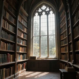 interior of an elvish library with tall windowpane, shelves full of ancient books, cinematic, morning light, hyperrealistic, detailed, 4k, magic
