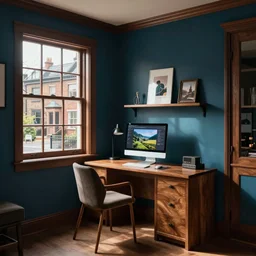 traditional style modern english small office room natural lights, computer on desk, victorian townhouse home interior, dark teal blue and brown wood colors cozy
