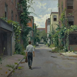 oil painting of a man wandering the abandoned streets of city and the buildings are covered in plants and vines, edward hopper.