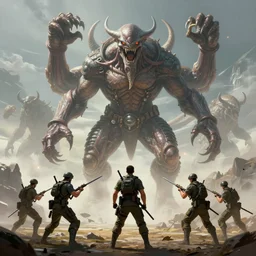 soldiers fighting cthulhu monsters ; digital painting, concept art, smooth, sharp focus, illustration, full body, rule of thirds, from horizon : zero down, by mandy jurgens and artgerm