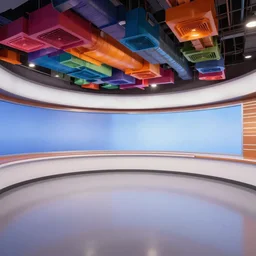 colorful nbc newsroom, industrial arches, colorful ceiling vents and ducts, curved walls, large hd monitors, octane render, unreal engine 5, ray tracing