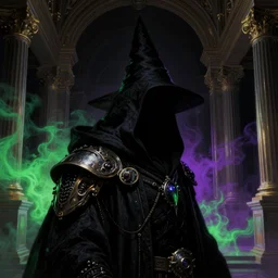 a close - up view portrait of a silhouetted supernatural wizard in baroque neoclassicist halls with metallic alien technology. close - up view, detailed textures. glowing green purple fog, dark black background. highly detailed fantasy science fiction painting by moebius, norman rockwell, frank frazetta, and syd mead. rich colors, high contrast