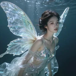 prompt portrait of a close up beautiful female fairy, translucent silky dress, fluid simulation, underwater ink env, wispy gigantic wings , hyperrealistic intricate details, asian face, by Peter Mohrbacher, trending on artstation