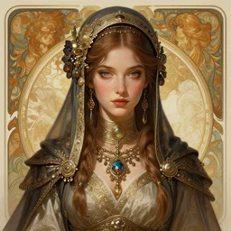 A full portrait of a beautiful post apocalyptic trader, intricate, elegant, highly detailed, digital painting, artstation, concept art, smooth, sharp focus, illustration, art by Krenz Cushart and Artem Demura and alphonse mucha