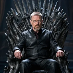 “Very crisp photo of Walter White sitting on the Iron Throne from Game of Thrones, atmospheric lighting, award-winning details”