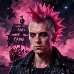 portrait of punk big beautiful face, space, dark, stars, pirate neon ship with punks on board, mohawks, neon, oil painting, pink, rich deep colors masterpiece, ultra detailed, contrast, heaven pink, punk rock with mohawks, clouds, sky, volumetric light, atmospheric lighting, dramatic, cinematic, moody, octane render 4 k, 8 k
