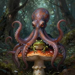 cthulhu octopus frog sitting on mushroom, full body shot, highly detailed, forest, digital painting, concept art, sharp focus, illustration, masterpiece, matte painting, glorious, unsettling, by lovecraft and greg rutkowski, luis royo and wayne barlowe, artstation