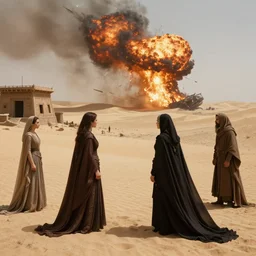 the long - shot of battle between bene gesserit women and harkonnens in the desert near the abandoned buildings in night arrakis desert, alien spaceship exploding, film still from the movie by alejandro jodorowsky with cinematogrophy of christopher doyle and art direction by hans giger, anamorphic lens, kodakchrome, very detailed photo, 8 k,