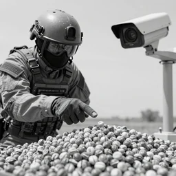 the special forces pointing at a Arachis hypogaea, security camera, black and white, detailed, realistic, 4k, megalofobia