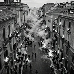 streets of baroque Rome in carnival engulfed in flames and confetti, clouds of smoke, decorated balconies, bird's eye view, cinematic full shot, high res, 35mm film black and white photograph