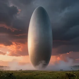 professional cinematic photograph of a single massive beautiful neo - futuristic matte symmetrical elongated oval monolith by ilm, denis villeneuve, emmanuel shiu, zaha hadid, mist vapor, deep color, architectural scale, grassland, dramatic storm sunset, concept render, hard surface, hyperrealism, very high detail, volumetric, trending on artstation, sharp focus, rendered in octane