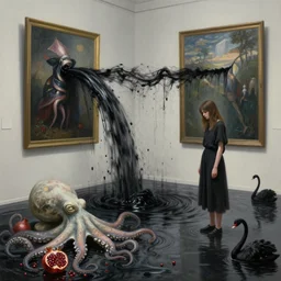 painting of a flooded art gallery and a tall emo girl, a waterfall of black squid ink coming from a painting and flooding the gallery, stone sculpture of an octopus, pomegranates, octopus, zen, black swans, berries, surrealist, by magritte and monet