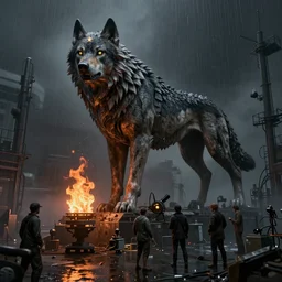 a realistic detail of a lab, huge wolf guardian statue, abandoned, shining star, the born fire, traveller, raining, mist by Julian calle, Leonardo Calamati, wlop, Beksiński, Dylan cole, Erak note, Denis Villeneuve, Ben Nicholas, Anton Fadeev, thomas kinkade, rutkowski, Finnian MacManus, Syd Mead, Trending on artstation, black scheme, 8k, Unreal Engine