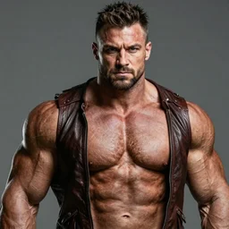 a very beautiful portrait of a hulking herculean bodybuilder muscular musclebound bodybuilder herman brood, very detailed face, leather jacked, very detailed eyes, muscular, by wlop, greg rutkowski, simon bosley