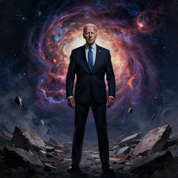 dark, evil joe biden standing in front of the collapse of the universe, painting, trending on art station, high quality