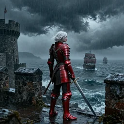 frame from a fantasy film with a female knight with white hair wearing red metal knight's armor, standing on a castle wall in the rain holding a sword, looking out at a stormy sea and distant sailing ships. Cinematic, dark, dramatic, scary. 4k