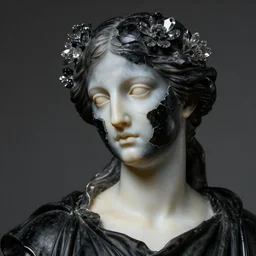 hyperrealism close - up mythological portrait of fractured dark obsidian greek statue of a beautiful medieval woman's fractured face blended with dark obsidian and crystallic flowers in style of classicism, pale skin, ivory make up, wearing black silk robe, dark and dull palette