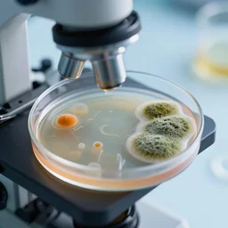 photo of petri dish with a fungal cultures and bacteriological culture and mold with little filaments under the microscope, octane render, tilt shift, bokeh background, polaeized light, science magazine, smooth, ultrasharp focus, unreal engine 5, hyperrealism, vray