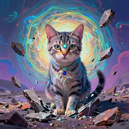 psychedelic Lisa frank psychic cat overtaking the world which begins to shatter all around it as it opens its third eye for the first time chromatic aberration in the rising pieces of the crumbling earth