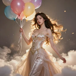 a beautiful female goddess of the balloons character, character is in all its glory, character is in her natural relaxed pose, rim lights, particles and dust in the air, fancy clouds, highly detailed professional photo, dynamic lights, particles are flying, depth of field, trending on artstation, professional illustration, hyper realistic, vray caustics, super detailed, colorful accents, cinematic shot