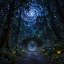a hq artstation, beautiful digital glossy clear sharp of a detailed, night swirling sky, fantasy forest trees fireflies gateway road pathway fog by james gurney, tadema, dark constrast 8 k resolution trending on artstation