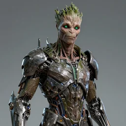 human goth groot ; adult male 3 0 years ; glowing green eyes ; smug ; sharp facial features ; slender ; vampire ; wearing a high tech set of metal armor ; robot ; trending on artstation ; high detail ; digital art
