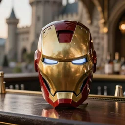 a reflective steel engineering ironman mask at a high end bar in a medieval themed castle in golden afternoon light, professional food photography