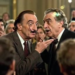 the long shot of teasing salvador dali in the role of emperor | crowd of people | still frame from the prometheus movie by ridley scott and alejandro jodorowsky with cinematogrophy of christopher doyle, anamorphic bokeh and lens flares, 8 k, higly detailed masterpiece