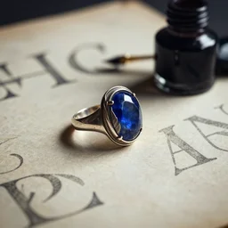still life, letters, inks, vintage, antique, 1 7 th century male ring with a sapphire cabochon shaped, silver feather, dark academia, photorealistic, radiant light, soft lighting, cinematic, detailed