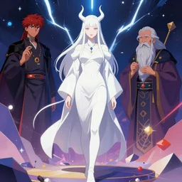 story creative figurative illustration, white devil prophet, young beautiful female and mystic elder, in geometric elemental environment, high detail, vibrant colors, full body, by sija hong, yoshitaka amano, wylie beckrett, masterpiece, sharp focus, cinematic lightning