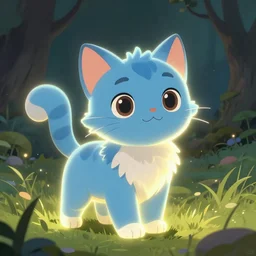 illustration of glowing cute blue warrior cat in grassy field, tree, detailed concept art, artstation, warrior cats, shading,