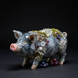 a pig and berry sculpture, obsidian and glass and pumice and japanese glazed pottery, moss, lichen, black background, empty space, dramatic lighting,
