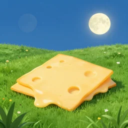 sliced cheese on a green meadow under the moon,digital art