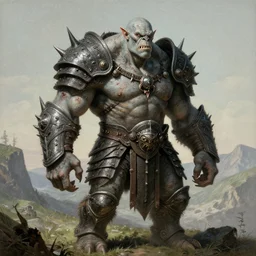 A muscular, large fanged orc with pale skin covered in scars stands near the hills, wearing spiky, complex, detailed armor without a helmet. Extremely high detail, realistic, fantasy art, masterpiece, art by Zdzisław Beksiński, Arthur Rackham