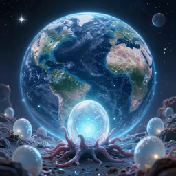 opening of the universe's 1 0 th dimension unlocking gravity, scary bioluminescent slimy alien close to earth, translucent eggs, bright colors, leyendecker, greg hildebrandt, stephen bliss, greg rutkowski, loish, rhads, ferdinand knab, makoto shinkai, ilya kuvshinov, rossdraw, beeple