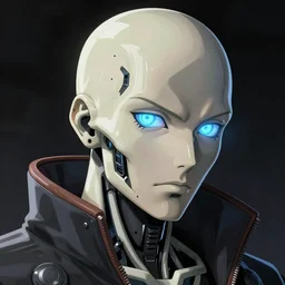 bladerunner, cyberpunk, angled facial portrait of a bone ceramic caliente humanoid robot Portuguese ninja with an attractive bald head and handsome features, large glowing eyes, macho, piroca, dotado, guapo, reflective surface, by Makoto Shinkai, trending on cgsociety, trending on artstation