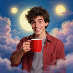 portrait of a ( ( ( una taza de cafe grande y roja ) ) ), ( ( guapo joven caliente espanol alegre ) ), lleno de nubes y magia, el sol, concept character, by greg rutowski and tezuka and oi and mucha and bierstadt and remington, trending on artstation
